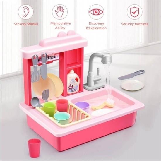 CAN OYUNCAKCan Oyuncak Pilli Su Hazneli Devir Daimli Lavabo Mutfak Bulaşık Yıkama Seti Pembe