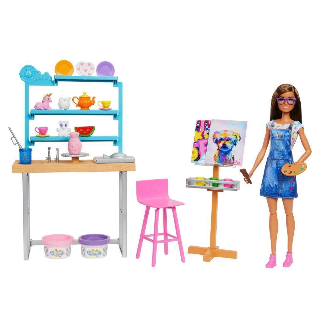 barbieBarbie'nin Sanat Atölyesi, Barbie Bebek (29 cm), Çömlek Yapımı ve Resim Sanatı İçin 25'ten Fazla Yaratıcılık Aksesuarı, Oyun Hamuru, Vazo Kalıbı, Tuvaller ve Daha Fazlası, 3-7 Yaş Arası