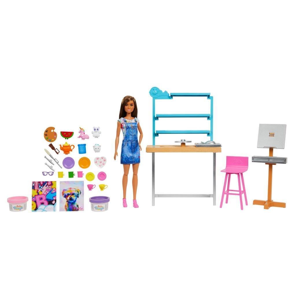 barbieBarbie'nin Sanat Atölyesi, Barbie Bebek (29 cm), Çömlek Yapımı ve Resim Sanatı İçin 25'ten Fazla Yaratıcılık Aksesuarı, Oyun Hamuru, Vazo Kalıbı, Tuvaller ve Daha Fazlası, 3-7 Yaş Arası