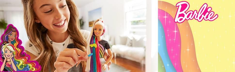 barbieBarbie Gökkuşağı Renkli Saçlar Bebeği, Ekstra Uzun Saçlara ve Saç Aksesuarlarına Sahip FXN96
