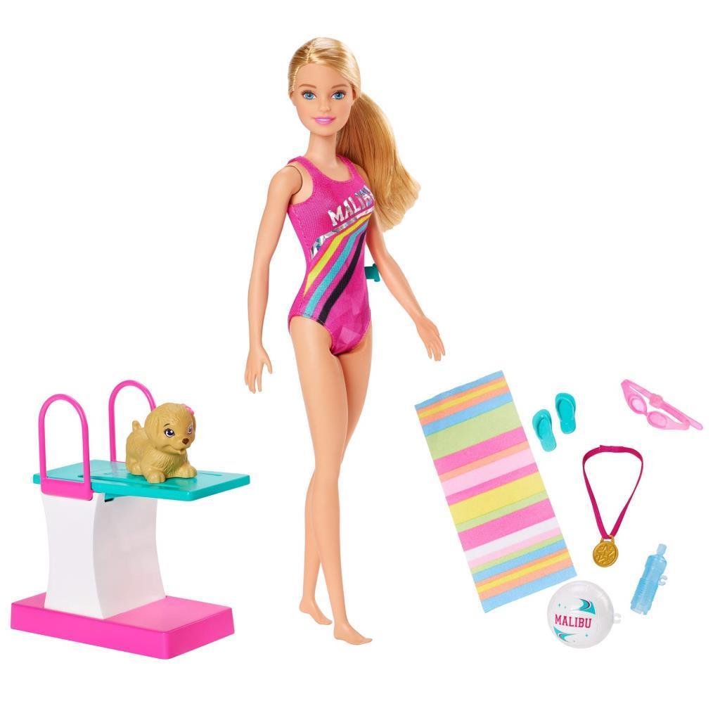 barbieBarbie Seyahatte Yüzücü Barbie Oyun Seti - 30 cm Bebek Dalış Tahtası ve Köpeği Dahil GHK23