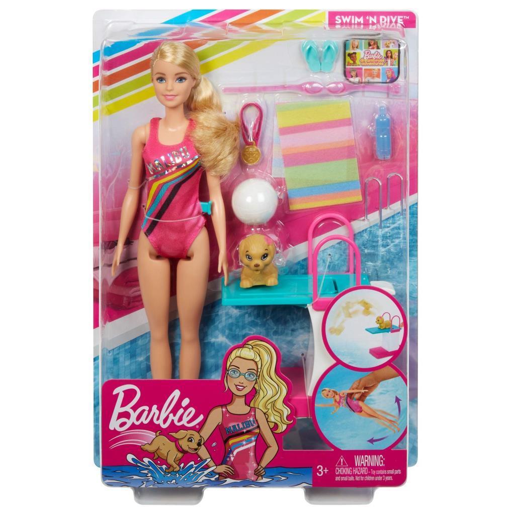 barbieBarbie Seyahatte Yüzücü Barbie Oyun Seti - 30 cm Bebek Dalış Tahtası ve Köpeği Dahil GHK23