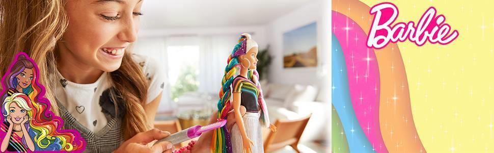 barbieBarbie Gökkuşağı Renkli Saçlar Bebeği, Ekstra Uzun Saçlara ve Saç Aksesuarlarına Sahip FXN96