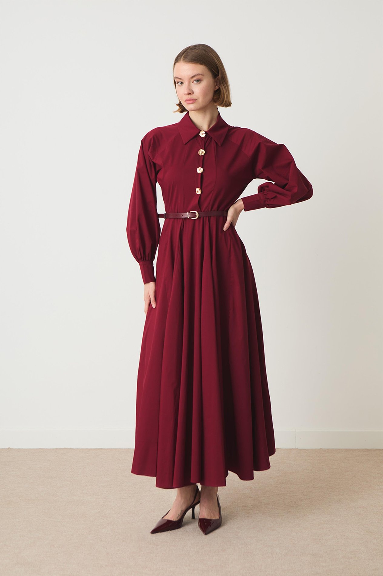 Ambrella Gold Düğmeli Kemerli Elbise - Bordo