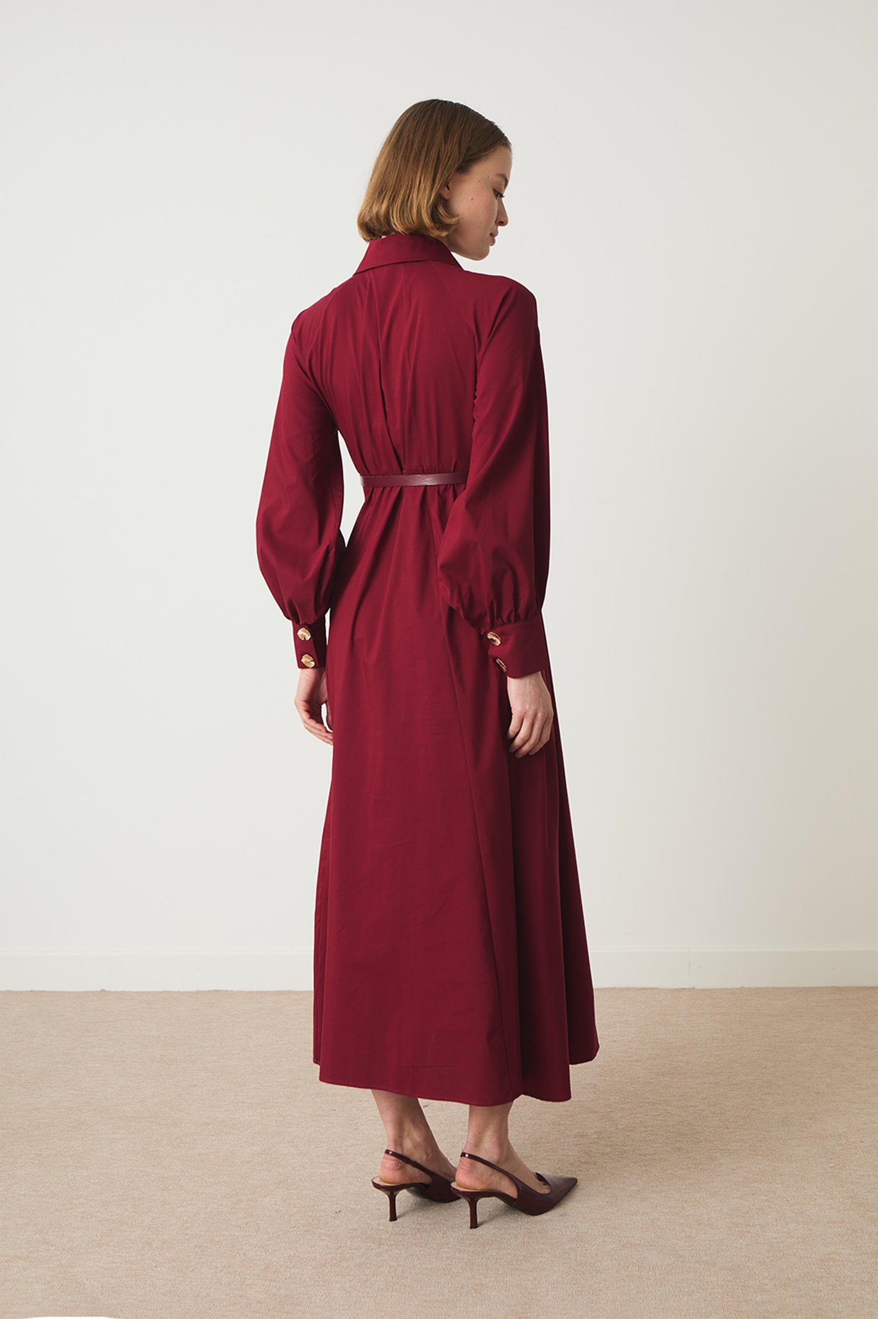 Ambrella Gold Düğmeli Kemerli Elbise - Bordo