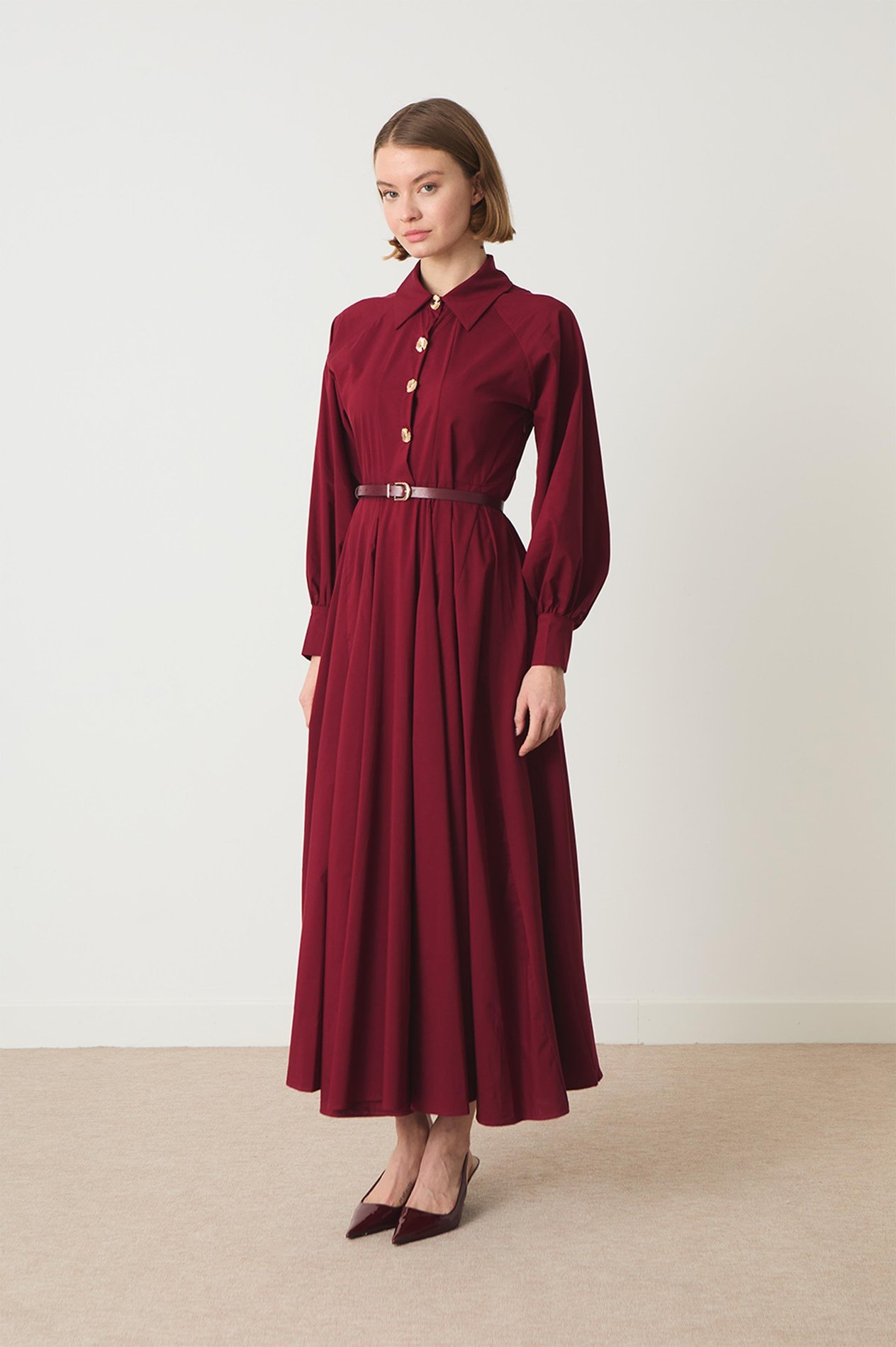 Ambrella Gold Düğmeli Kemerli Elbise - Bordo