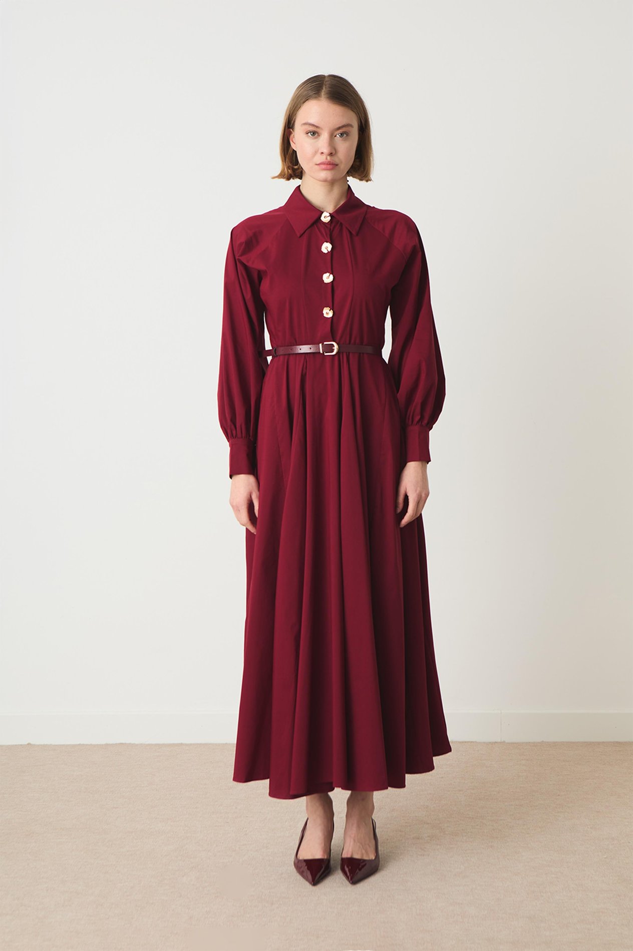 Ambrella Gold Düğmeli Kemerli Elbise - Bordo