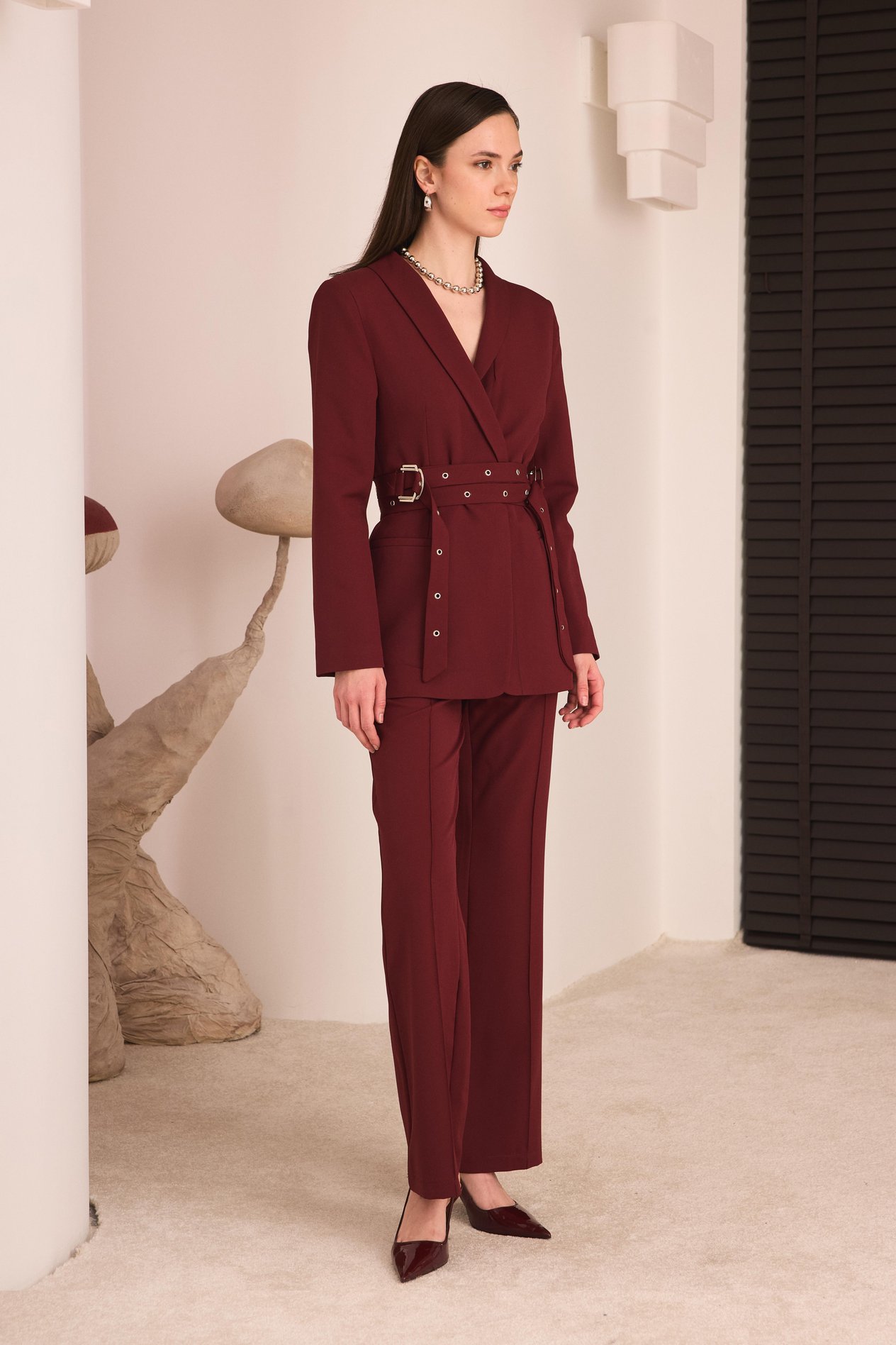 Çift Kemerli Blazer Takım - Bordo
