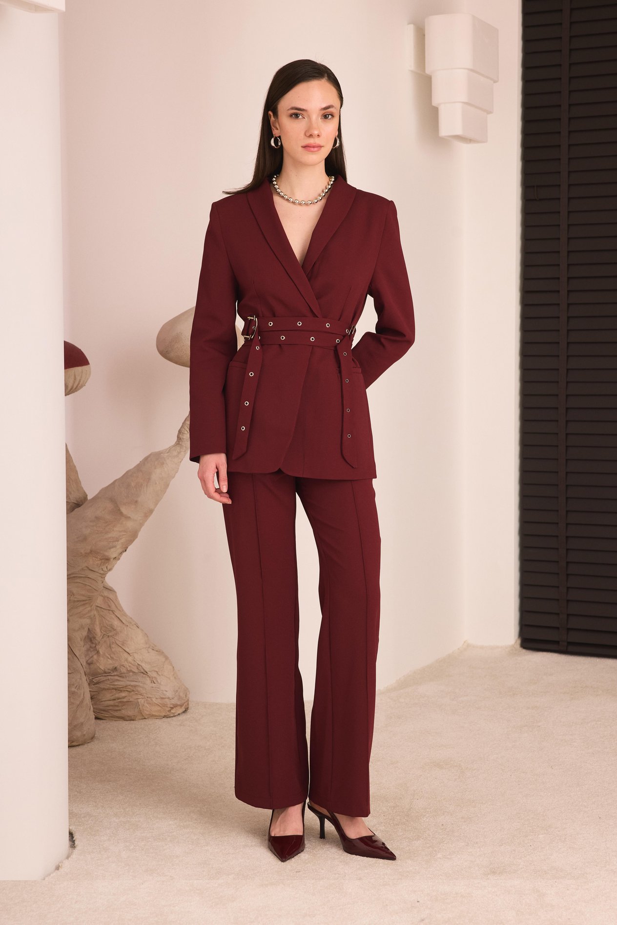 Çift Kemerli Blazer Takım - Bordo