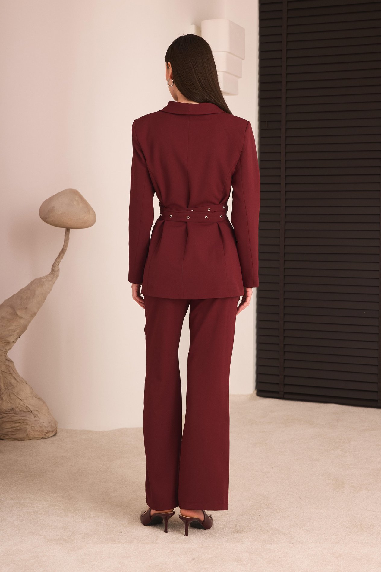 Çift Kemerli Blazer Takım - Bordo
