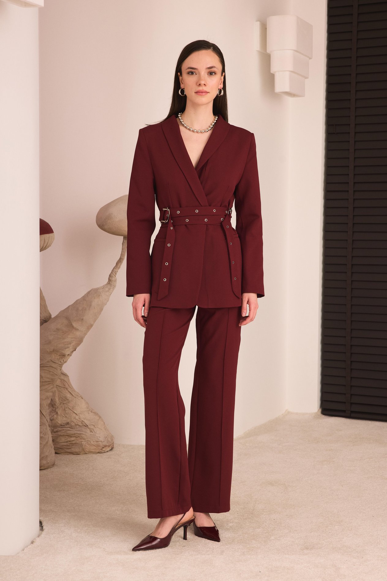 Çift Kemerli Blazer Takım - Bordo