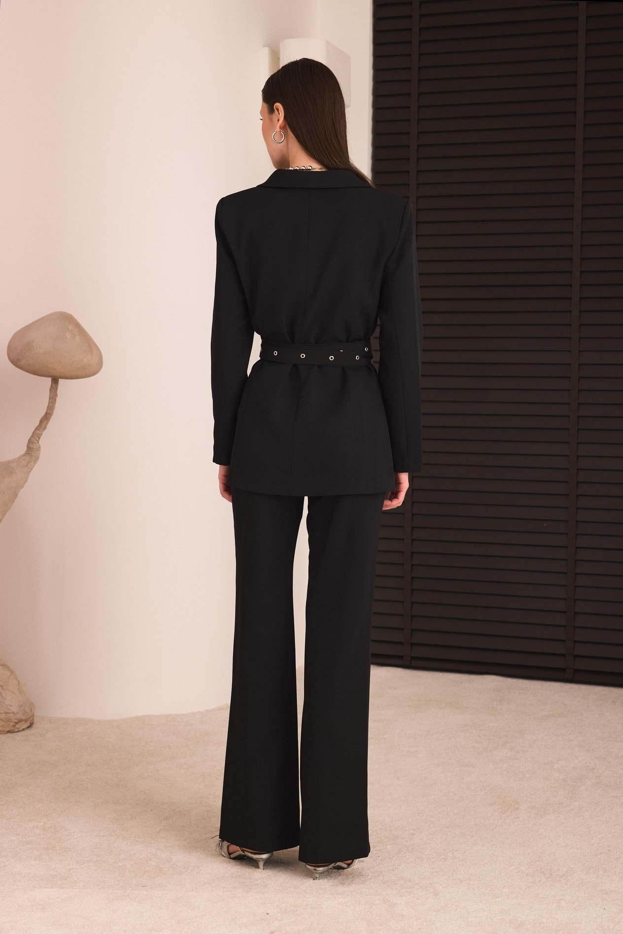 Çift Kemerli Blazer Takım - Siyah