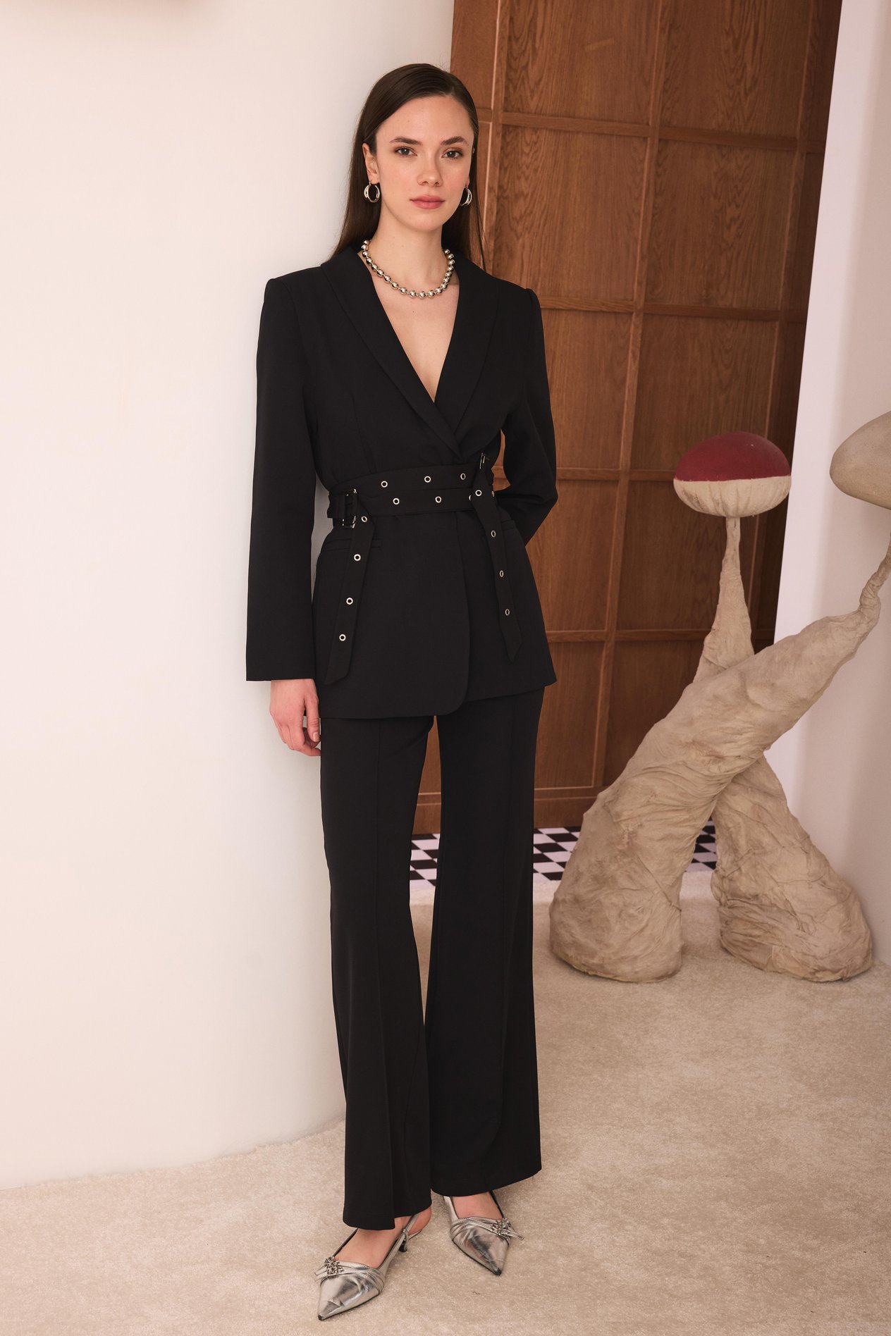 Çift Kemerli Blazer Takım - Siyah