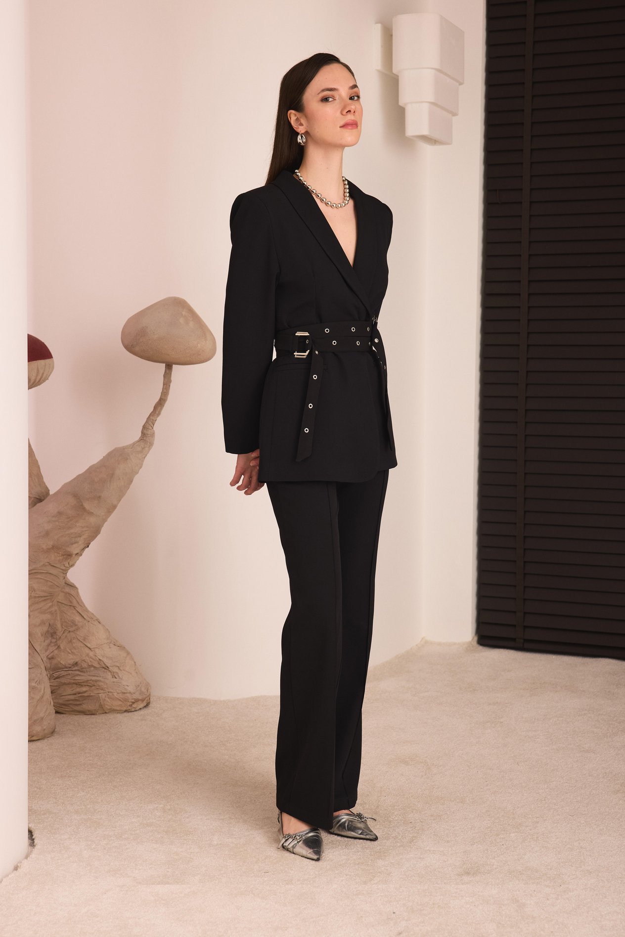 Çift Kemerli Blazer Takım - Siyah