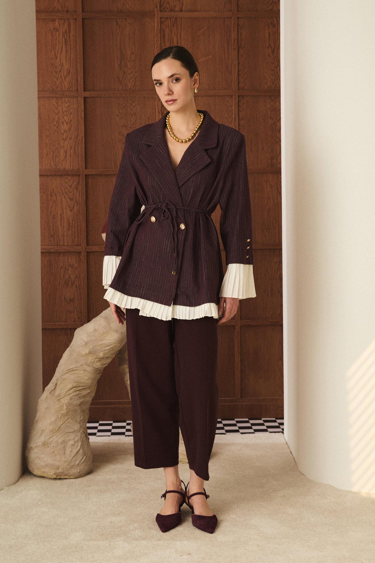 Çizgili Garnili Premium Ceket - Bordo