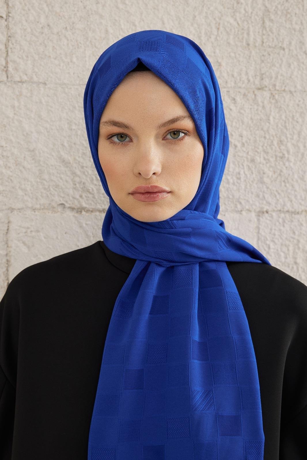 Dama Desen Dokulu Şal - saks mavisi