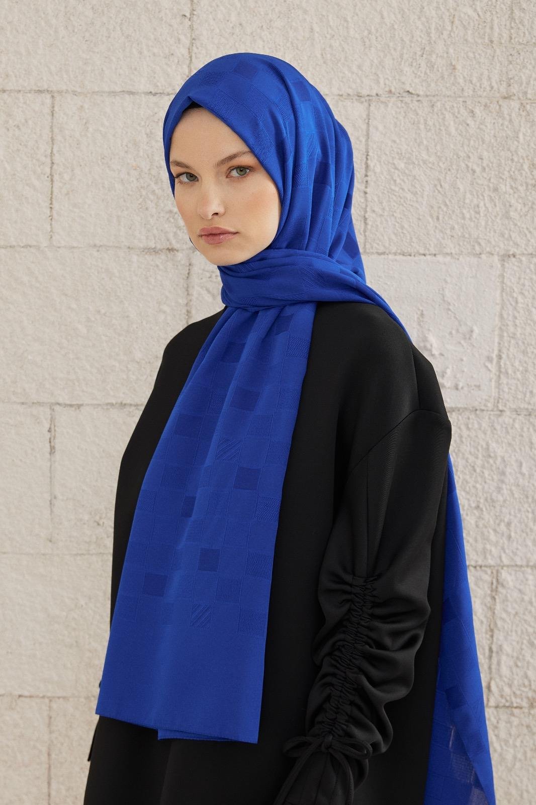 Dama Desen Dokulu Şal - saks mavisi