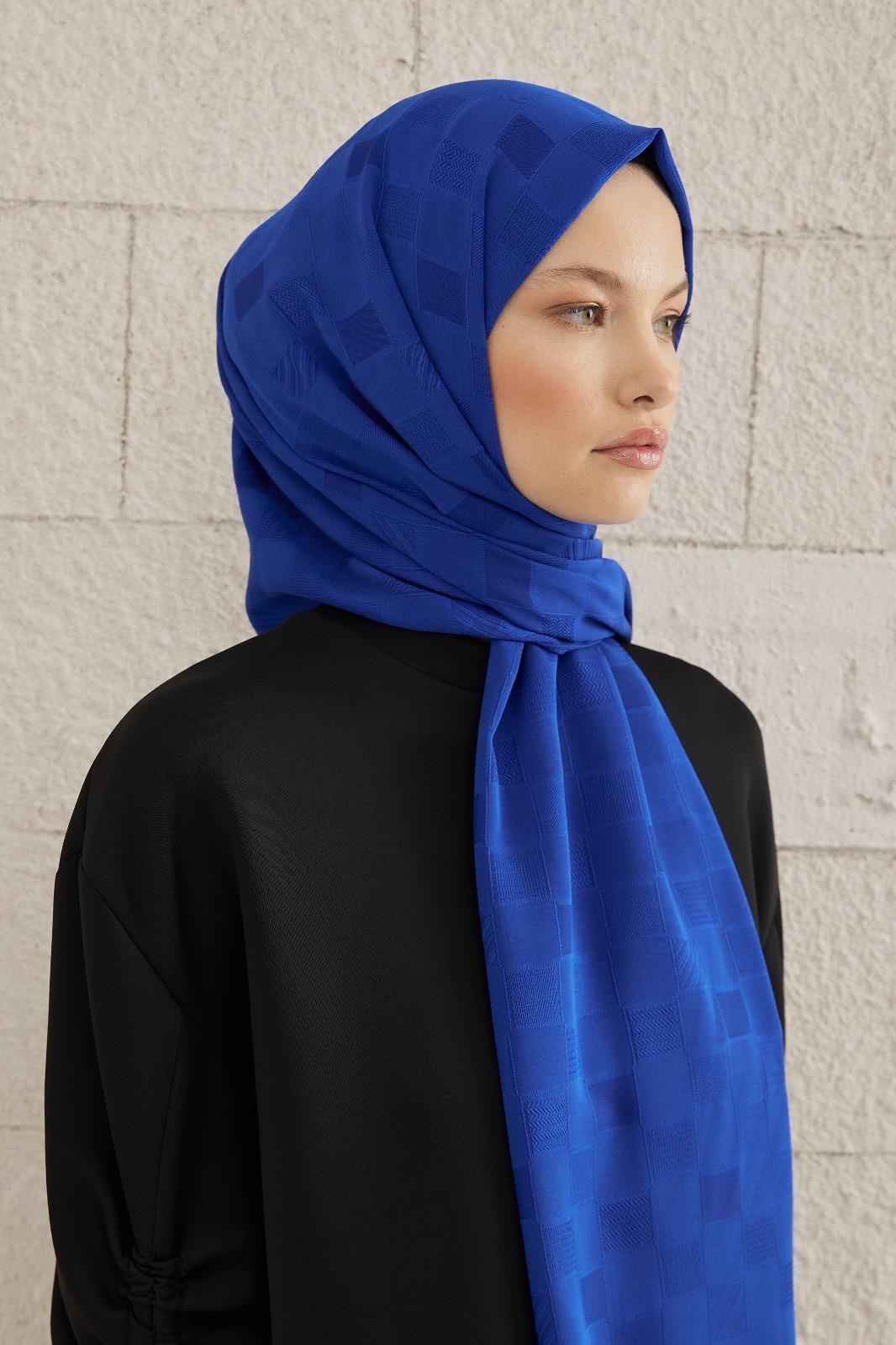 Dama Desen Dokulu Şal - saks mavisi