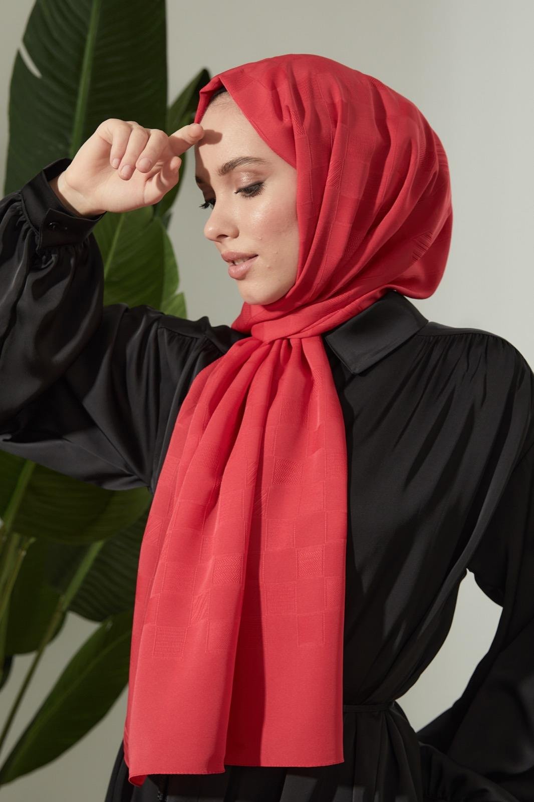 Dama Desenli Dokulu Şal - Kırmızı