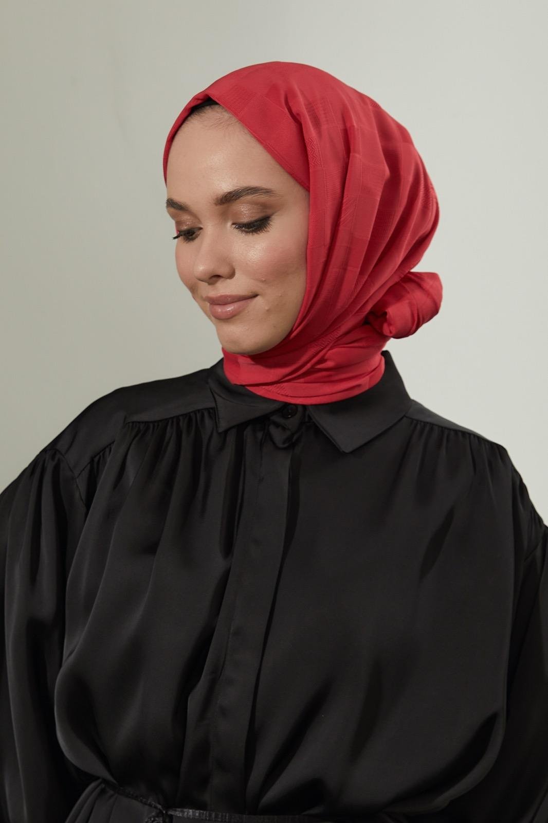 Dama Desenli Dokulu Şal - Kırmızı