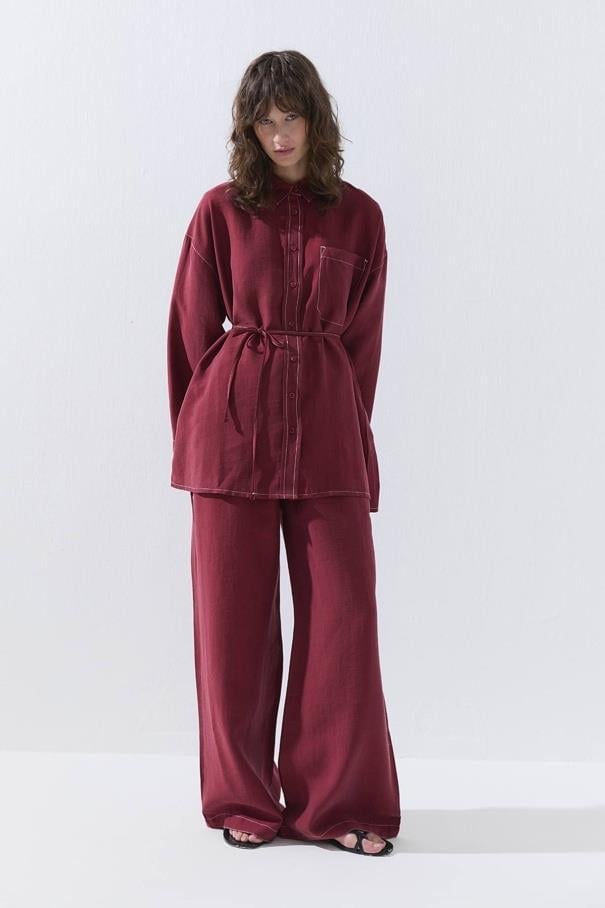 Dikiş Detaylı Rahat Pantolon Takım - Bordo