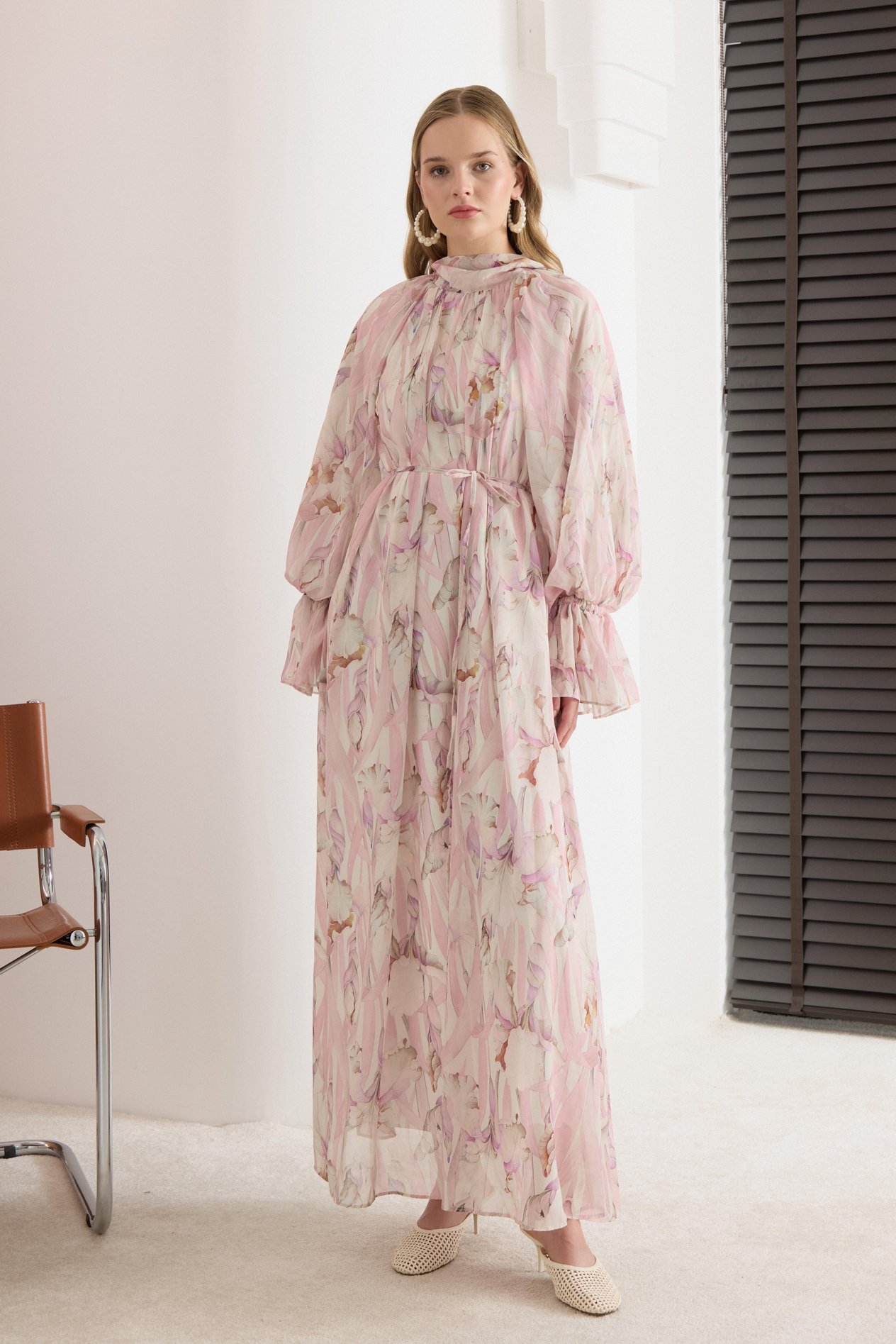 Dyla Desenli Şifon Elbise - Pembe