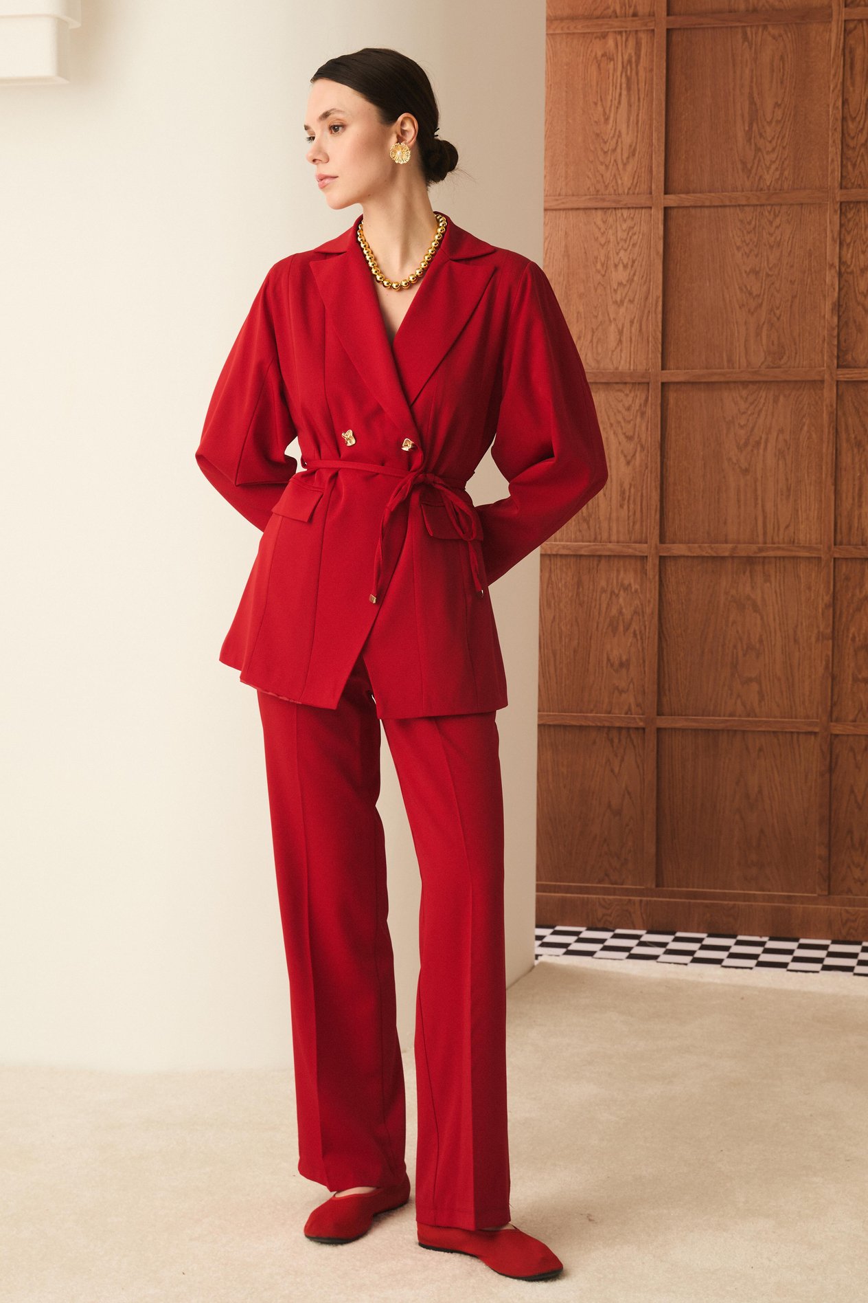 Gigi Belden Oturtmalı Blazer Ceket Takım - Kırmızı