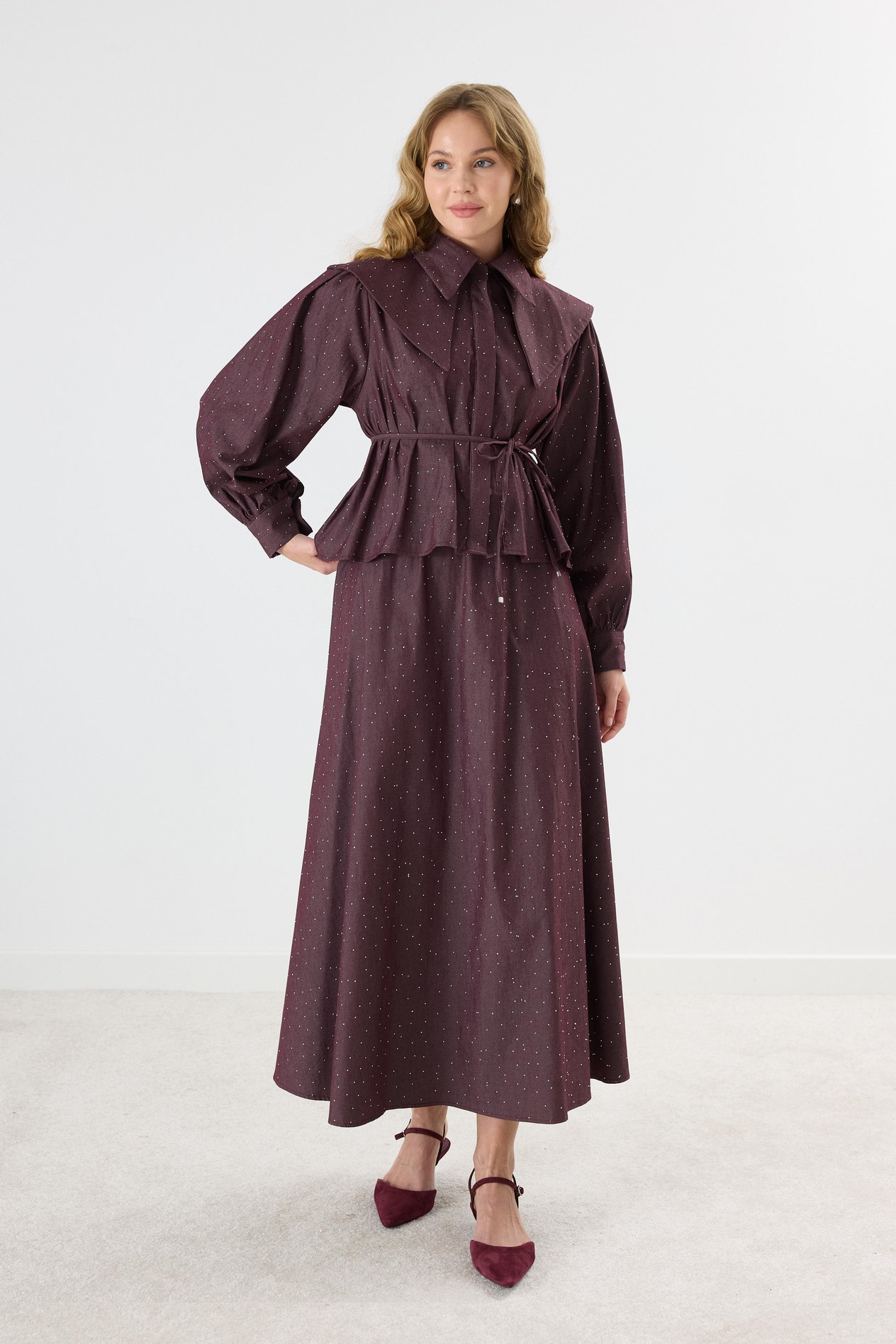 Işıltılı Geniş Yaka Gabardin Takım - Bordo