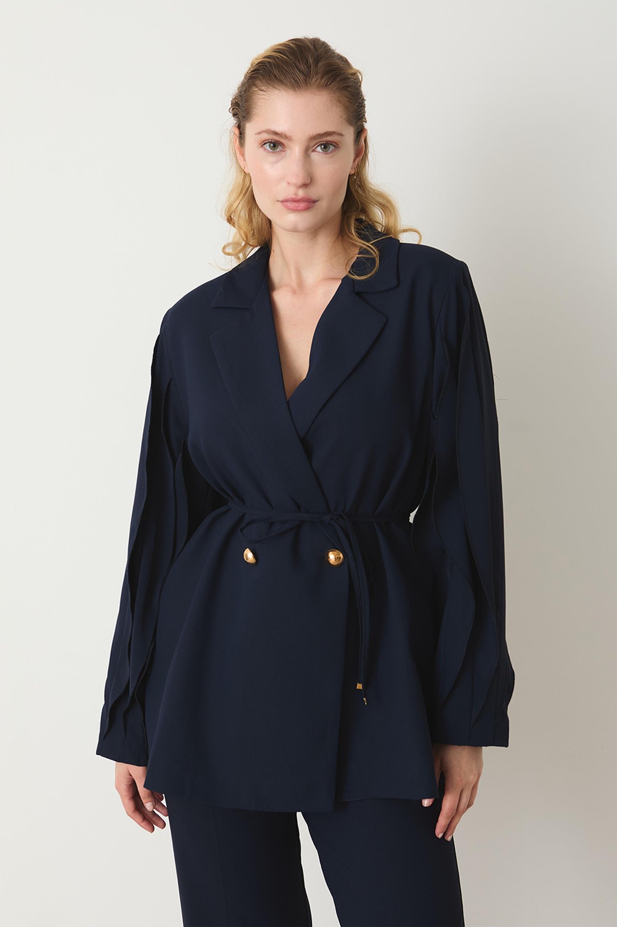 Jenika Kol Detaylı Premium Blazer Ceket Takım - Lacivert
