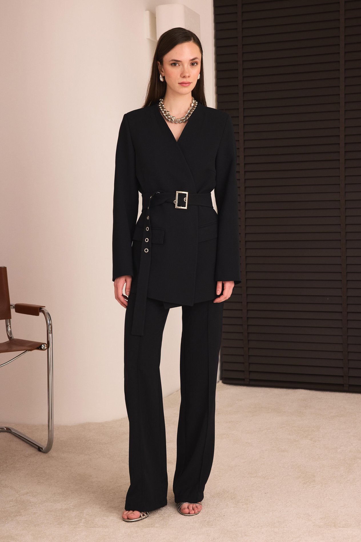 Kemerli Blazer Pantolon Takım - Siyah