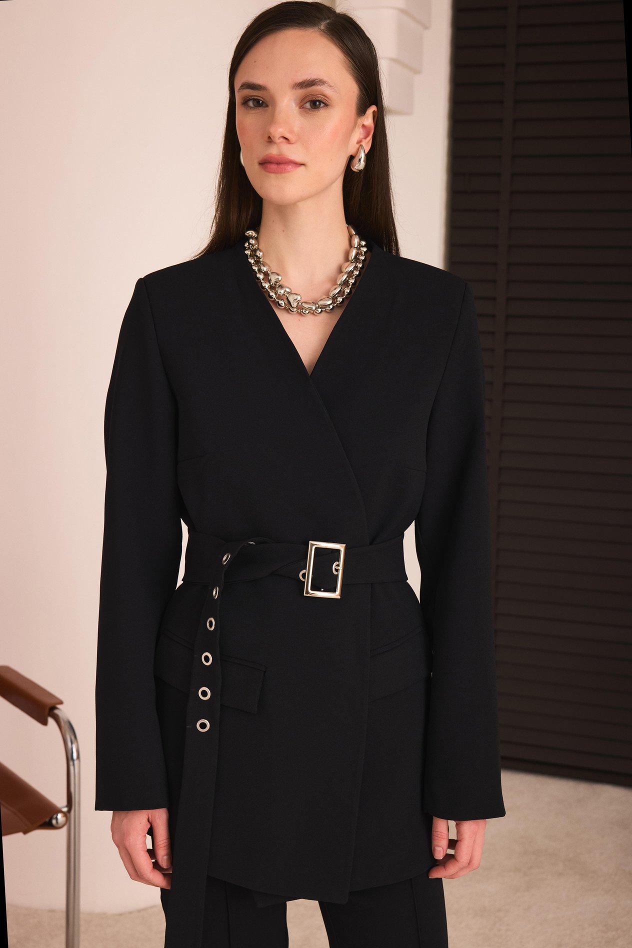 Kemerli Blazer Pantolon Takım - Siyah