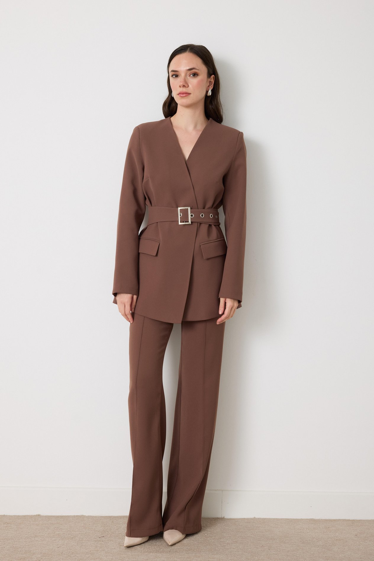 Kemerli Blazer Pantolon Takım - sütlü kahve