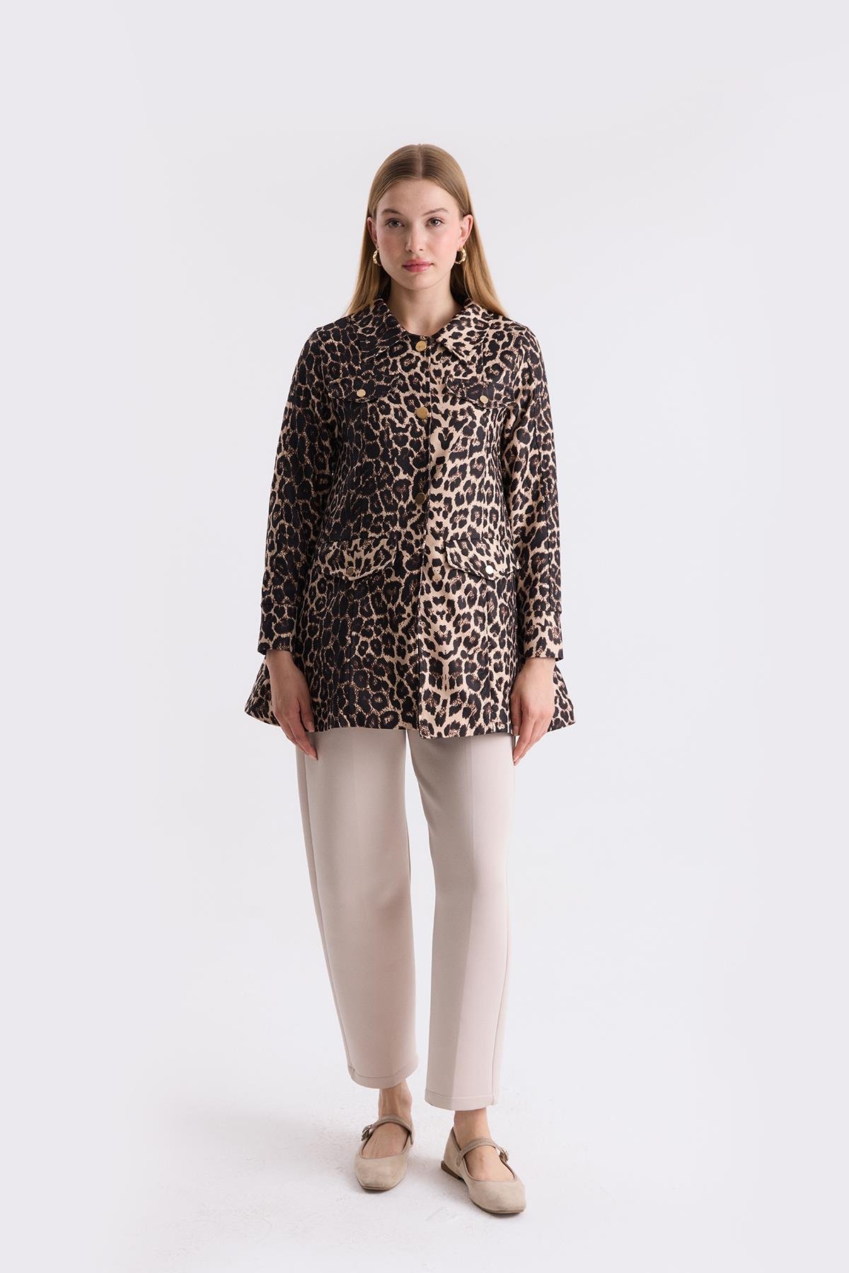 Leopar Desen Ceket - Bej