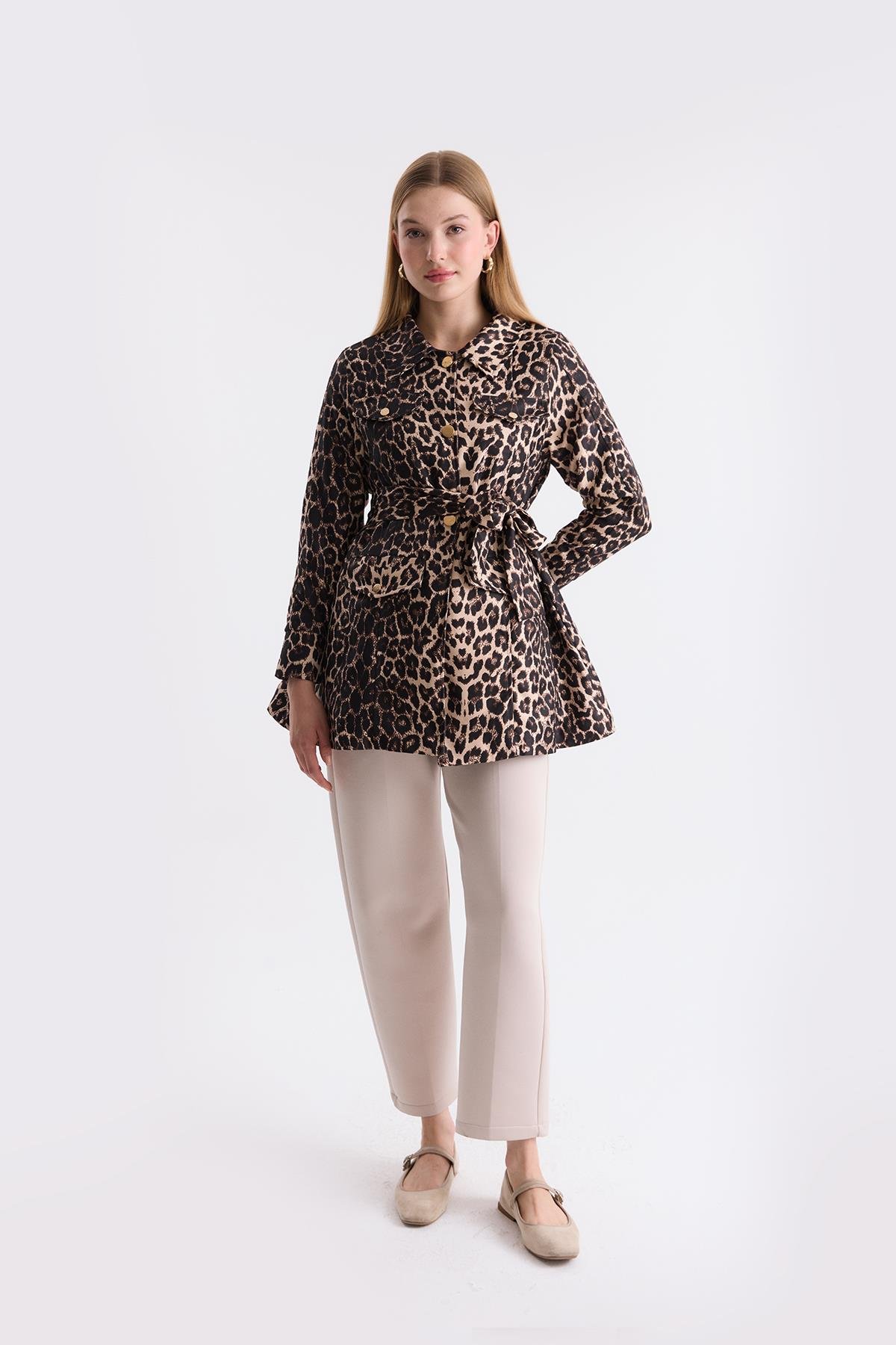 Leopar Desen Ceket - Bej