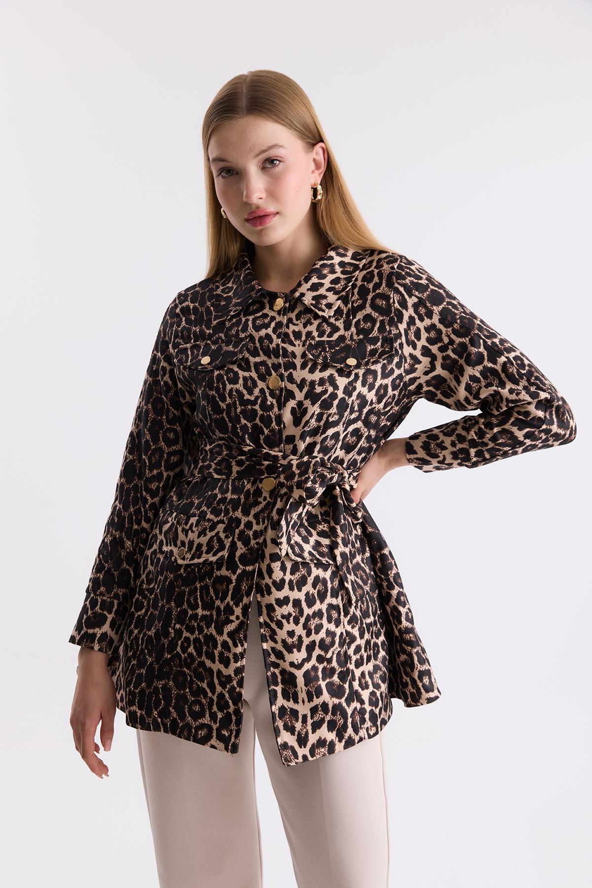Leopar Desen Ceket - Bej