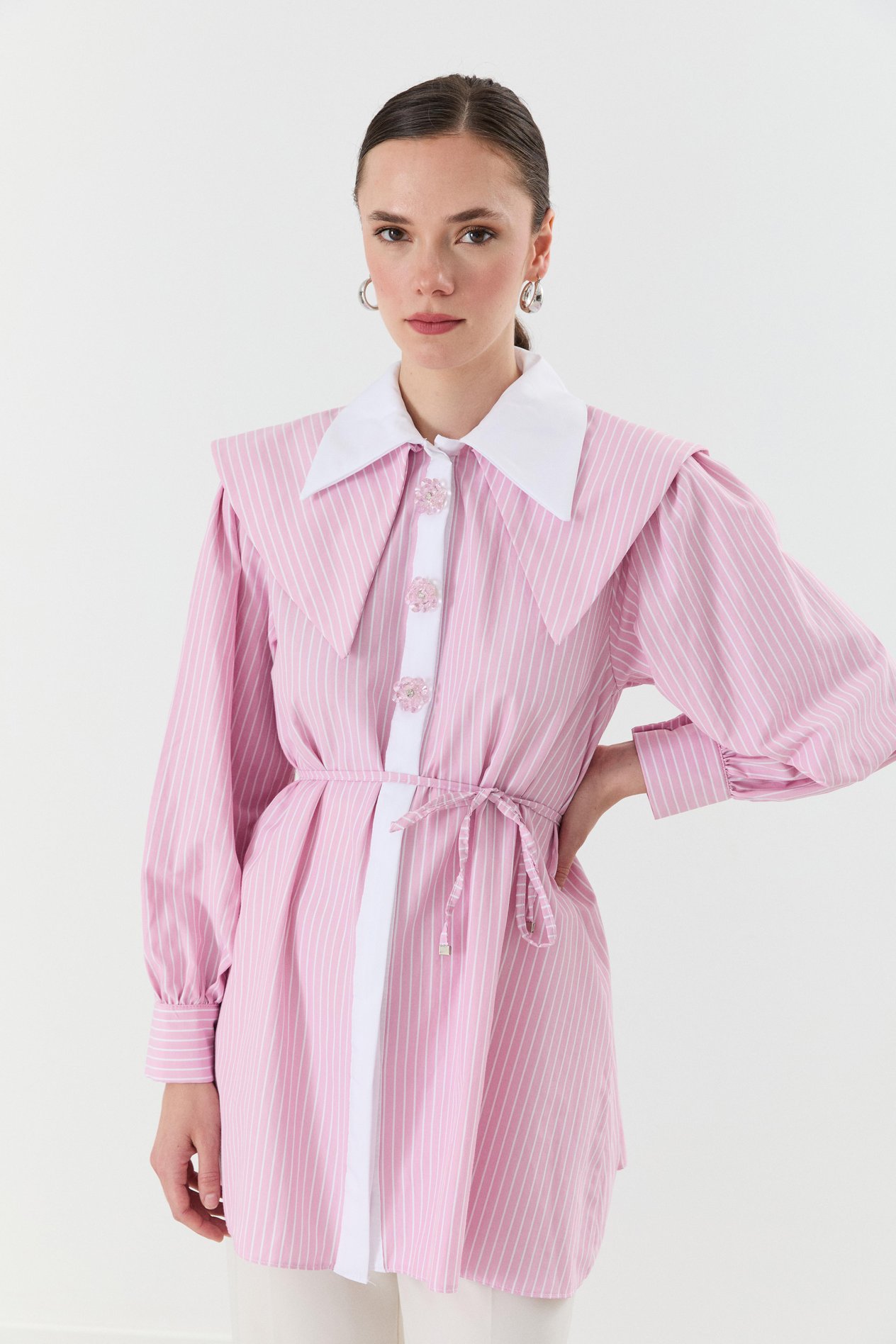 Mila Pat Yakalı Çizgili Gömlek - Pembe