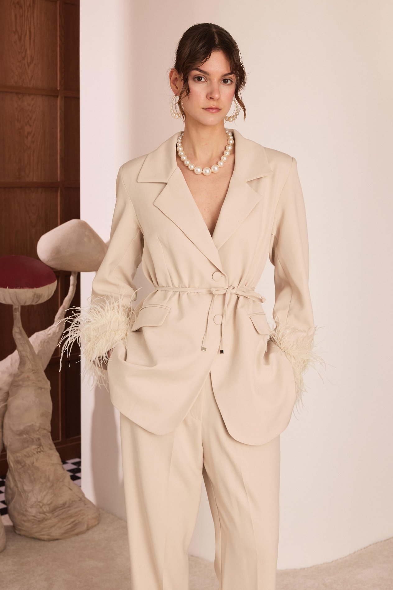 Mona Tüylü Blazer Ceket Takım - Taş