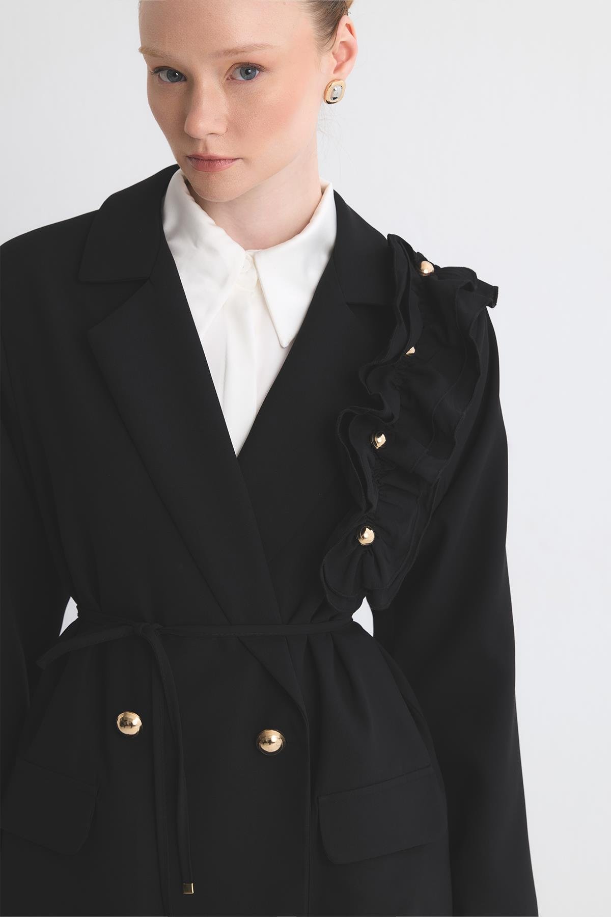 Olia Fırfır Detaylı Blazer Ceket Takım - Siyah