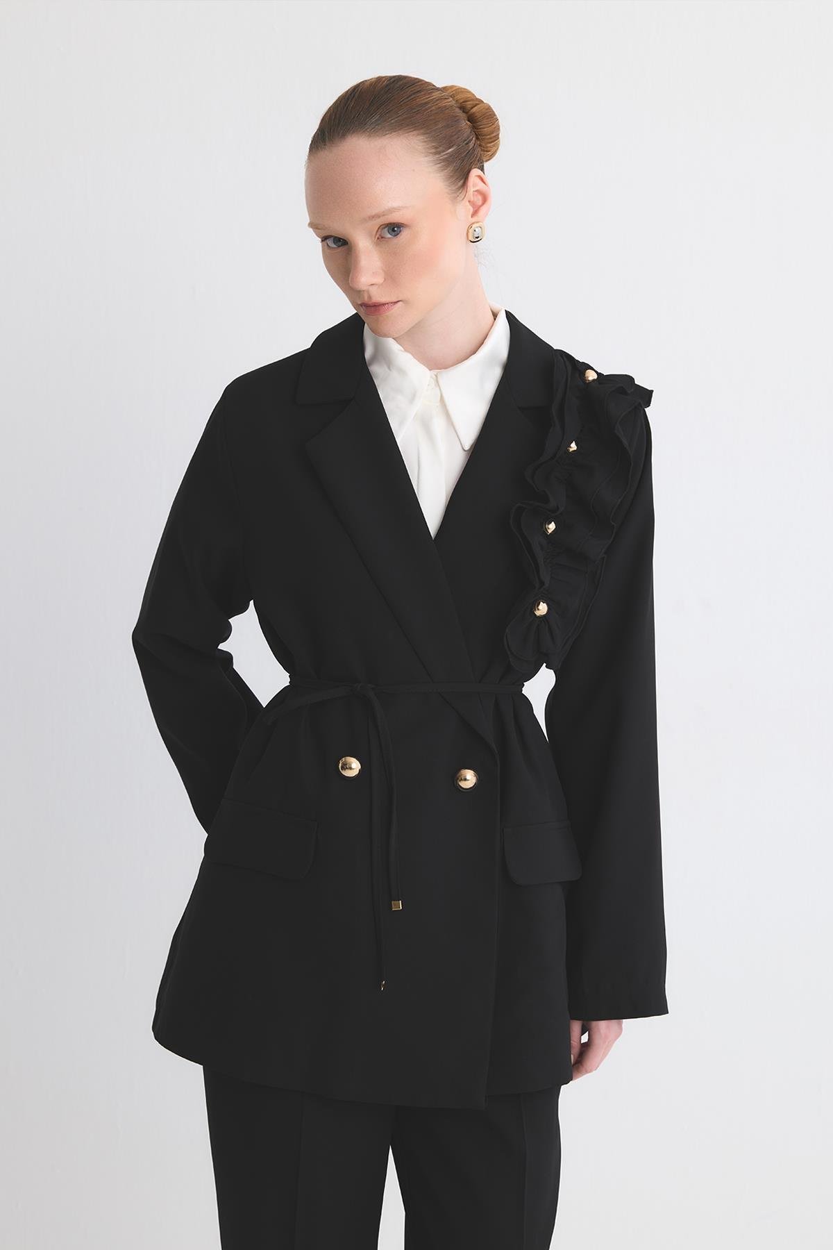 Olia Fırfır Detaylı Blazer Ceket Takım - Siyah