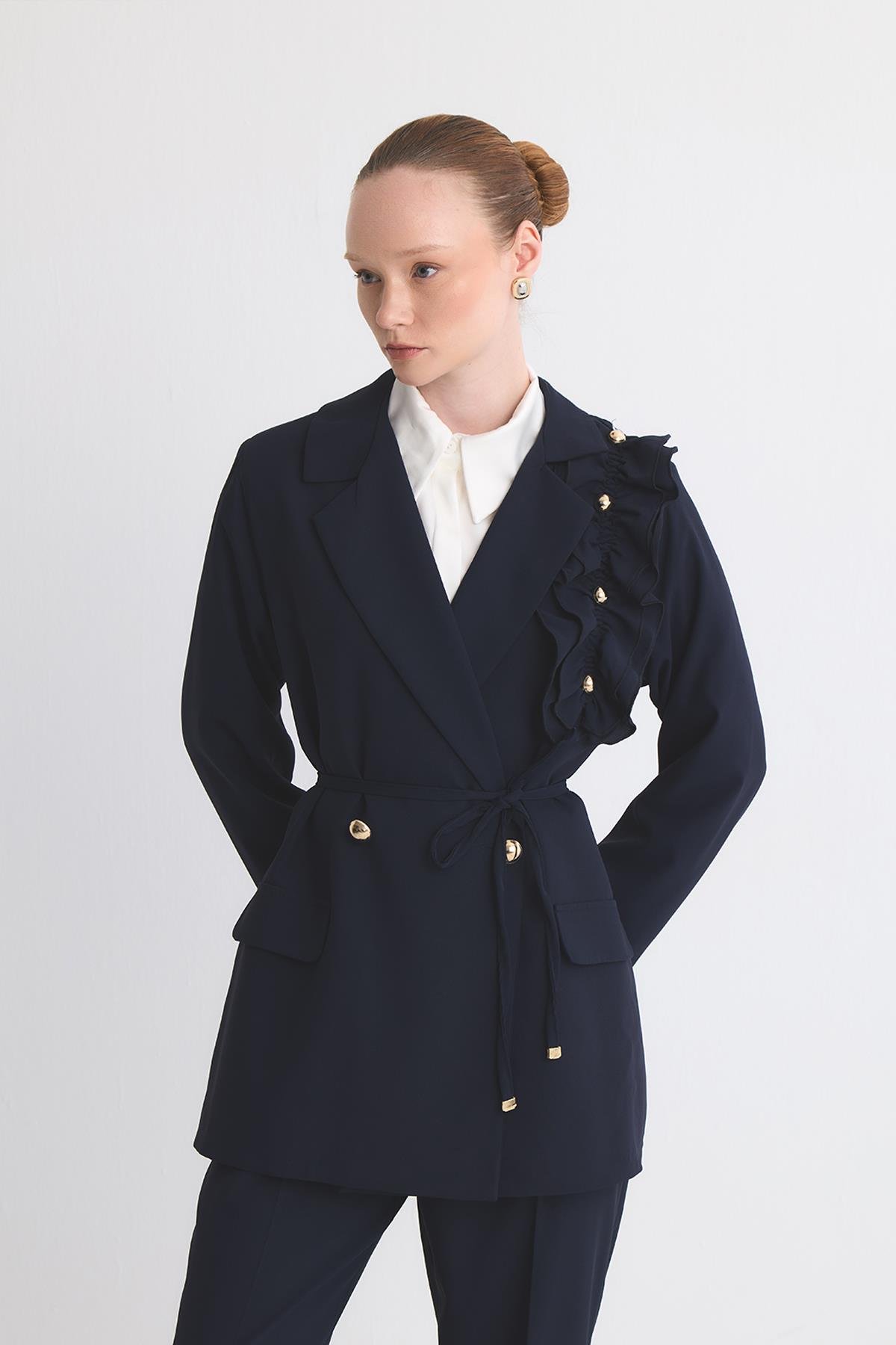 Olia Fırfır Detaylı Blazer Ceket Takım - Lacivert