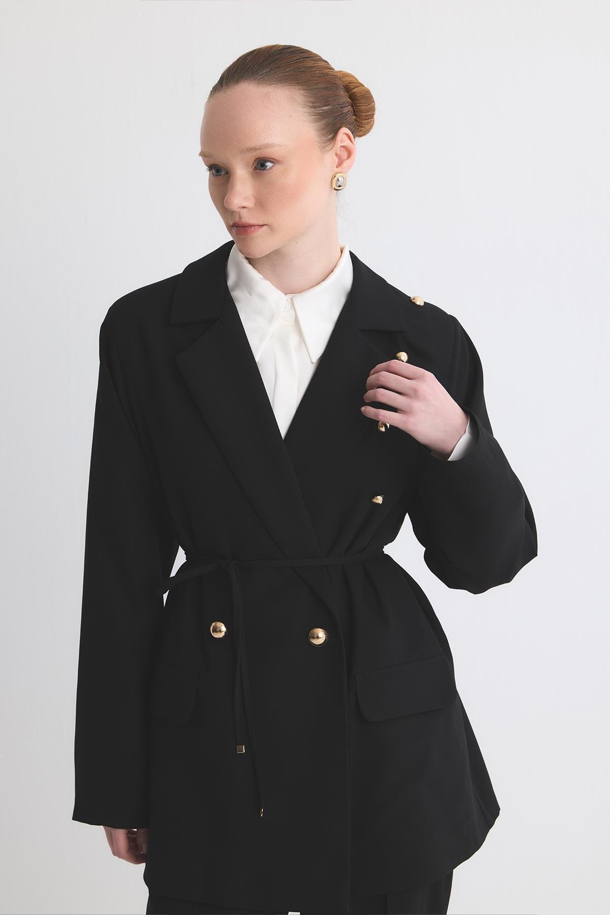 Olia Fırfır Detaylı Blazer Ceket Takım - Siyah