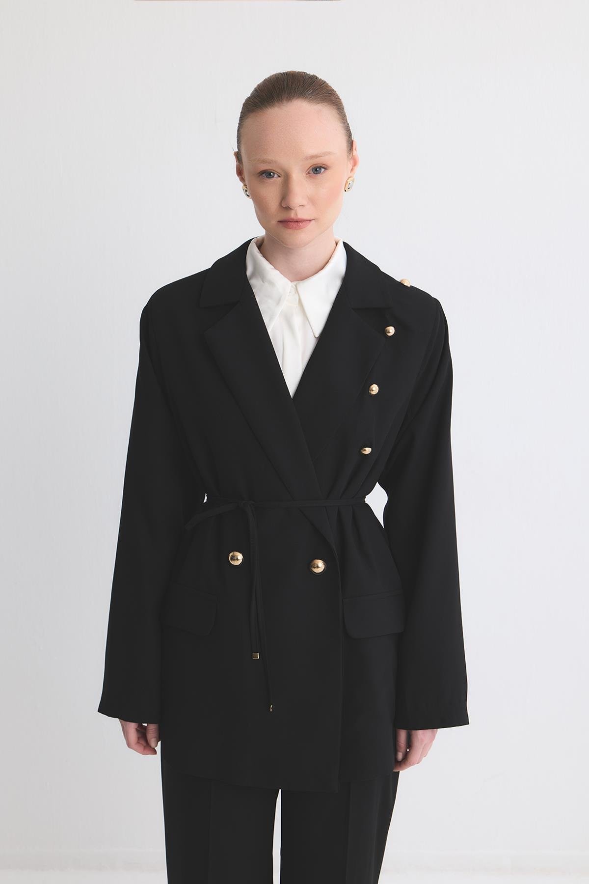 Olia Fırfır Detaylı Blazer Ceket Takım - Siyah