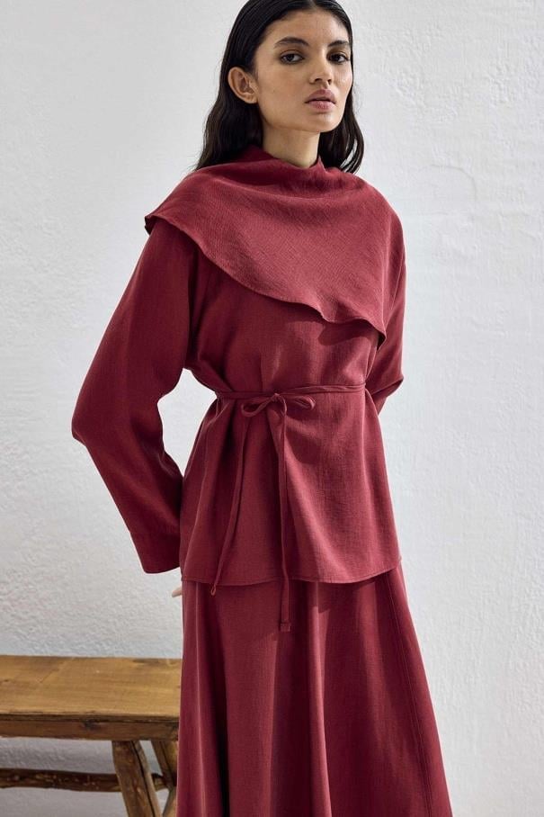 Pelerin Detaylı Etek Takım - Bordo