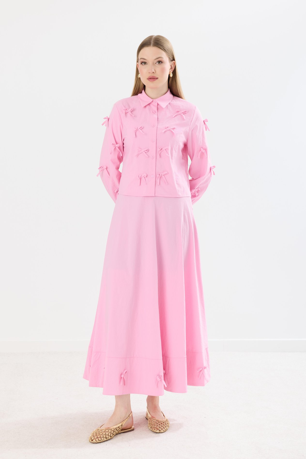 Sara Minik Fiyonk Detay Etek Takım - Pembe