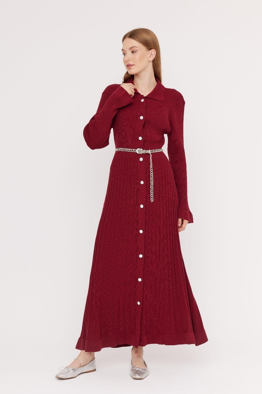 Viva Kemerli Triko Elbise - Bordo