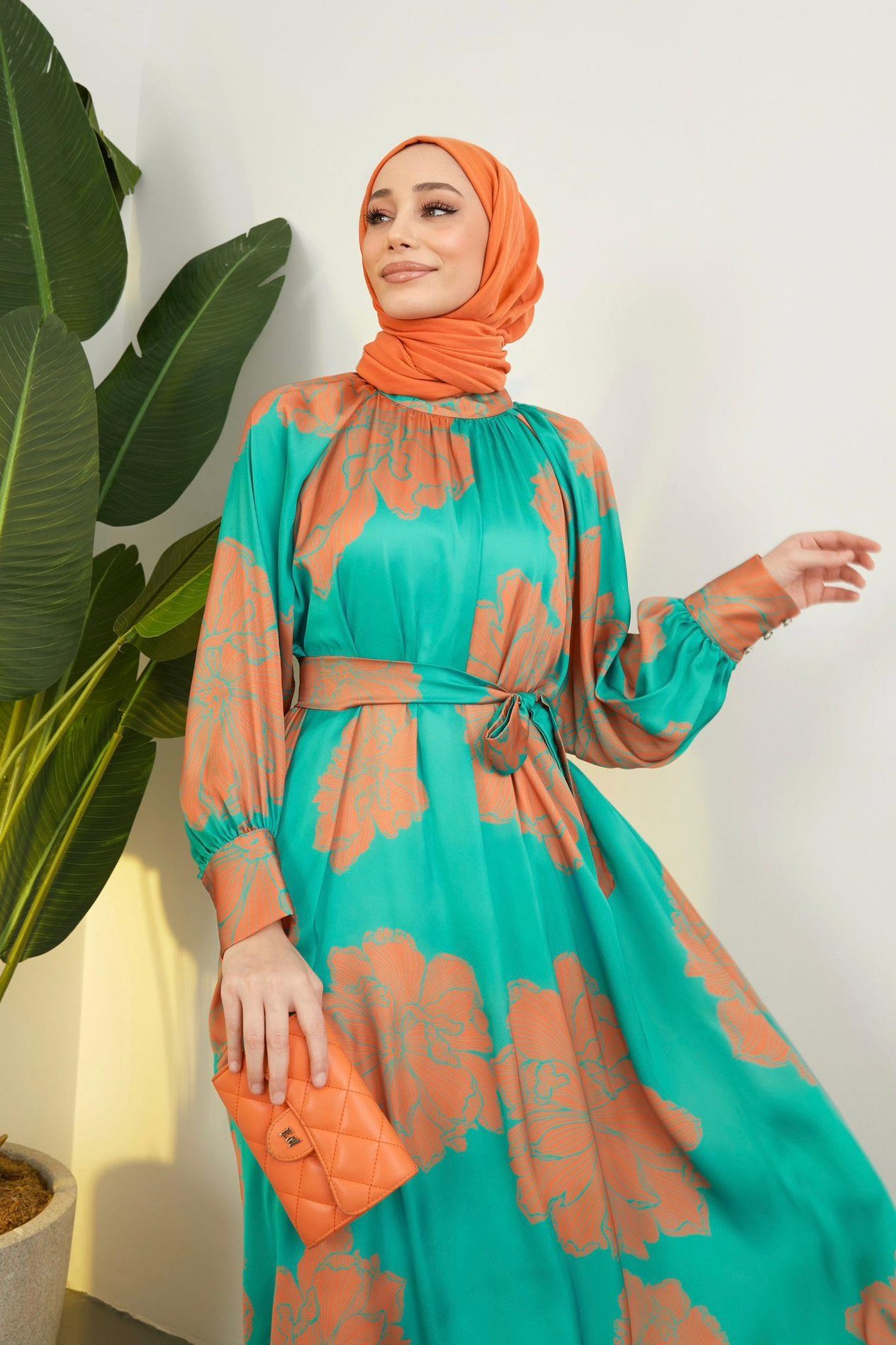 Zelina Saten Desenli Elbise - Yeşil