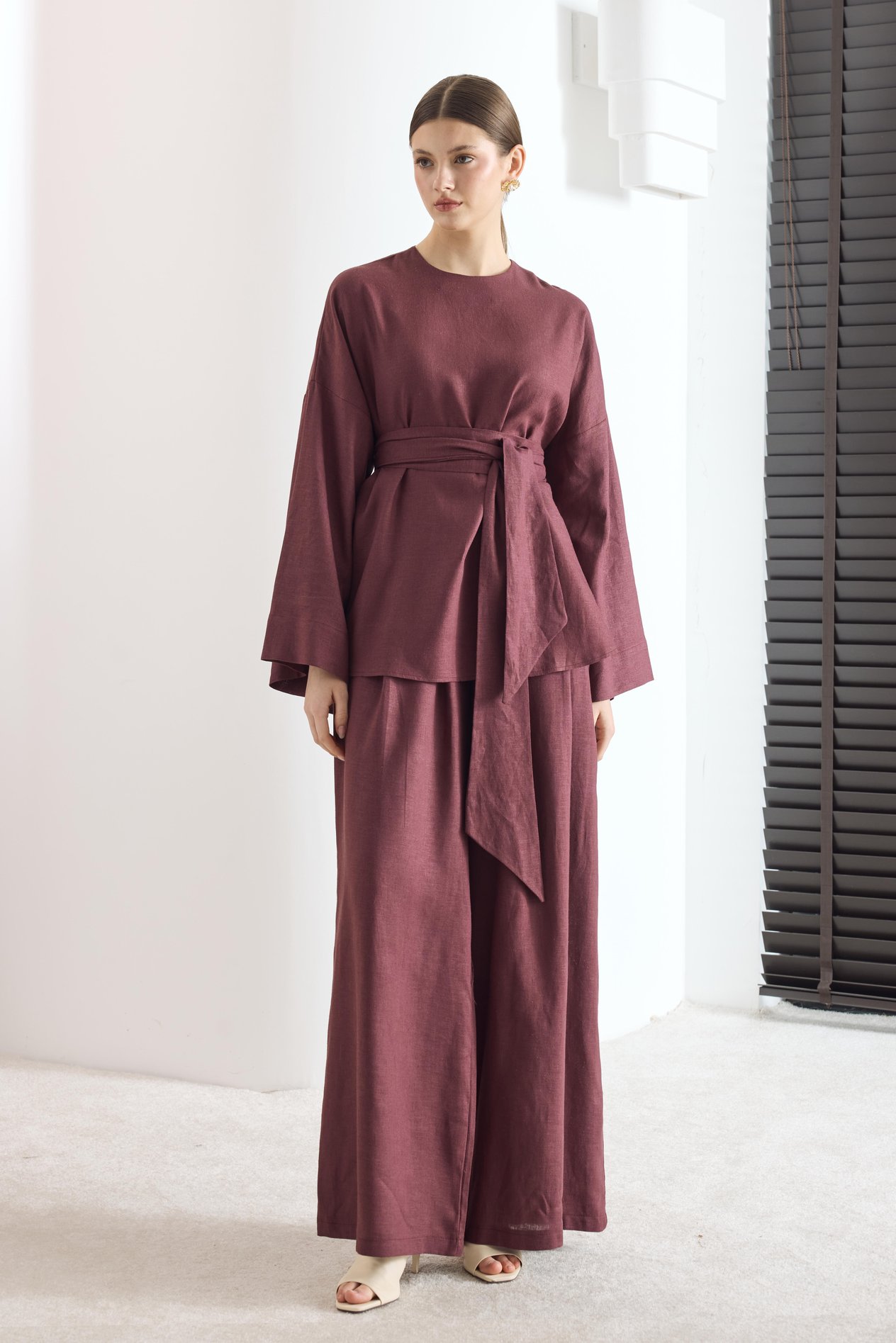 Zoya Pantolon Pileli Keten Takım - Bordo