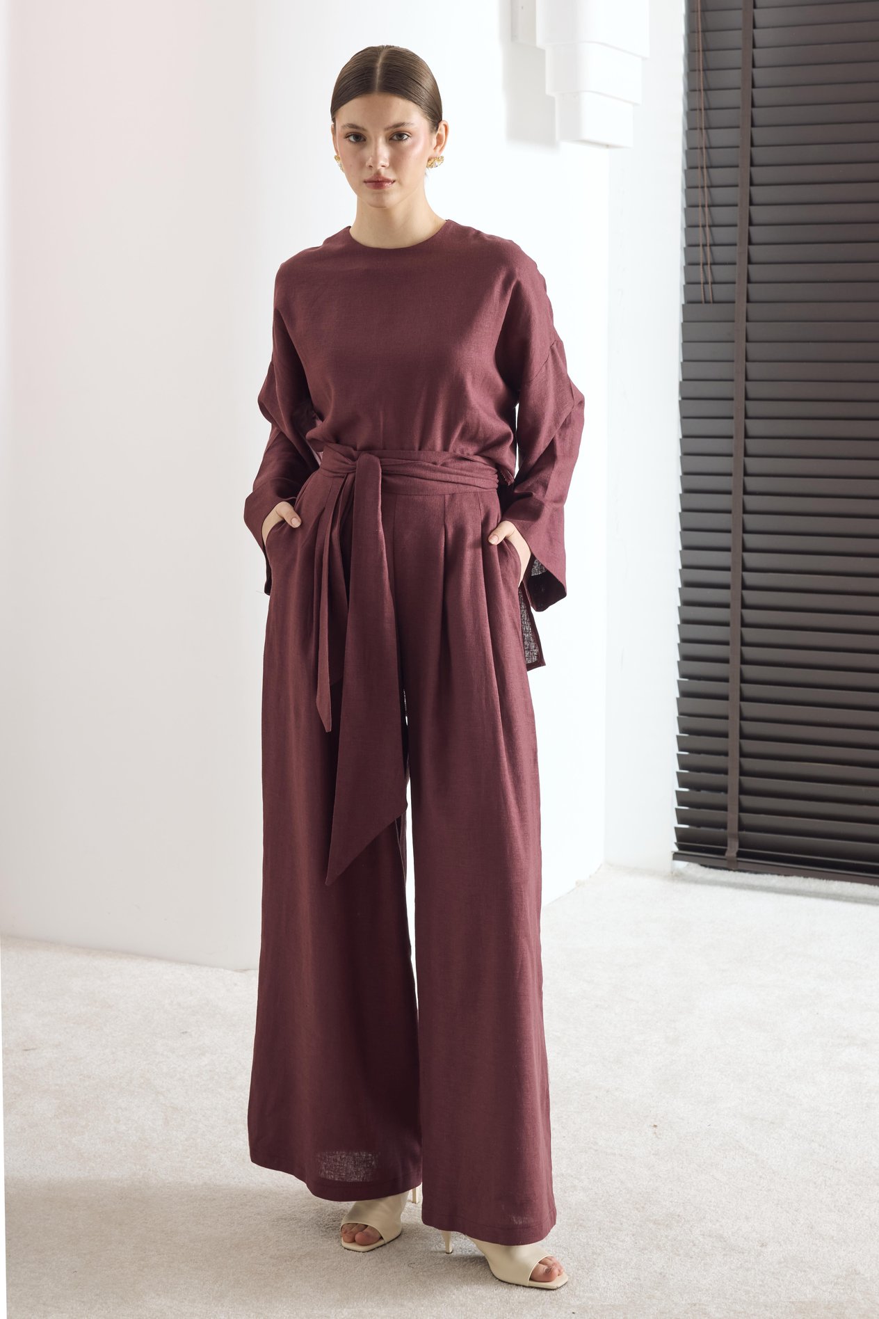 Zoya Pantolon Pileli Keten Takım - Bordo
