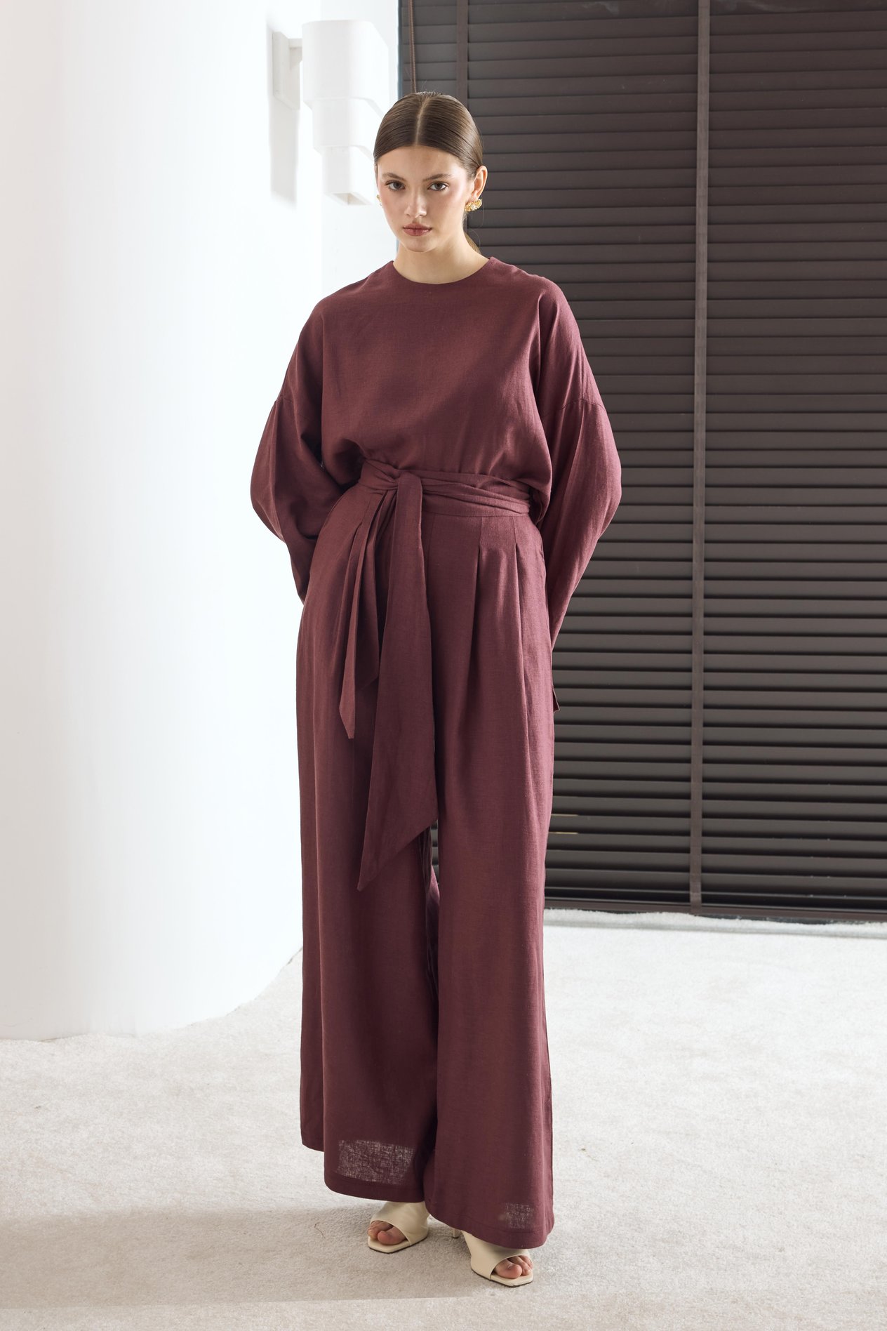Zoya Pantolon Pileli Keten Takım - Bordo