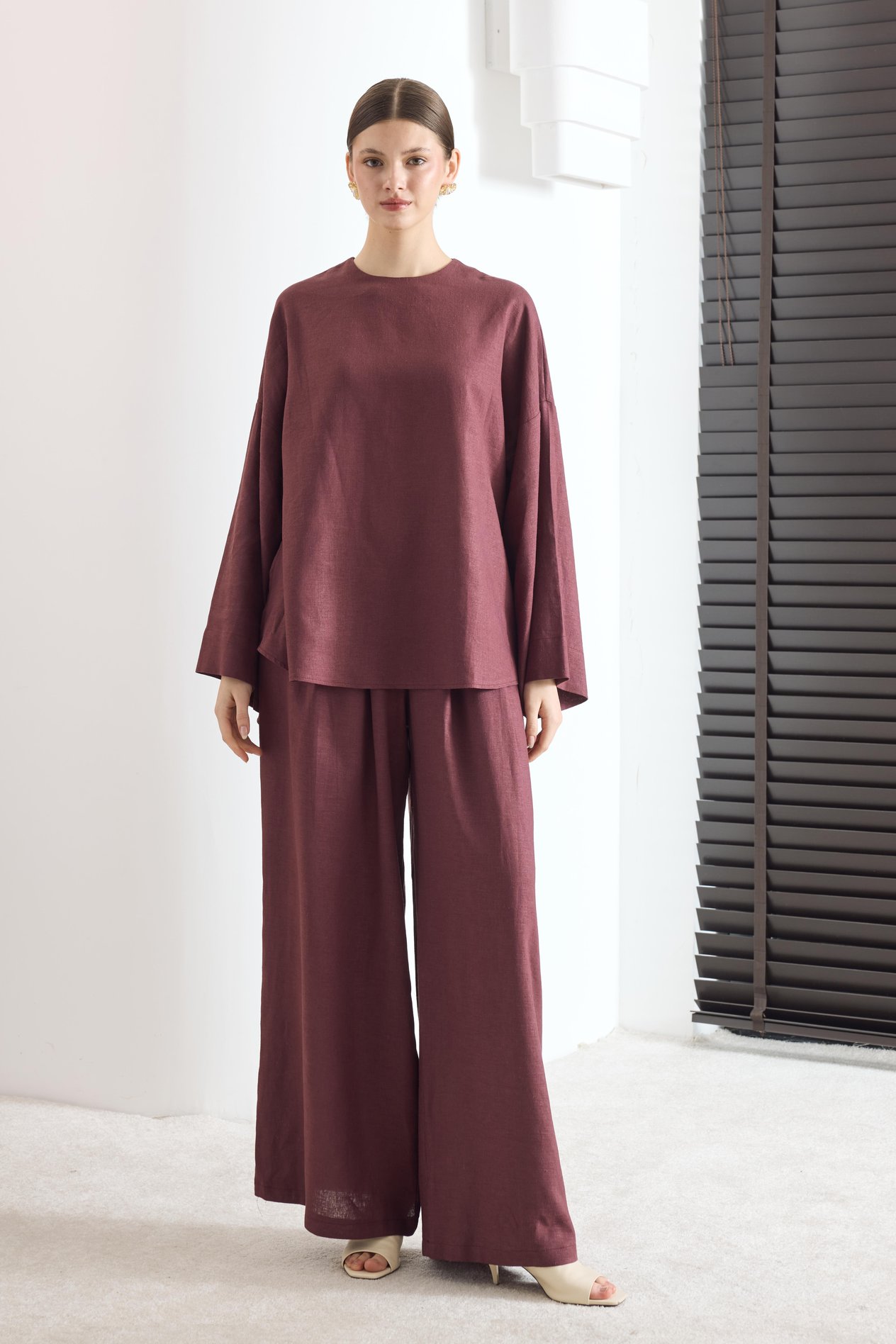 Zoya Pantolon Pileli Keten Takım - Bordo